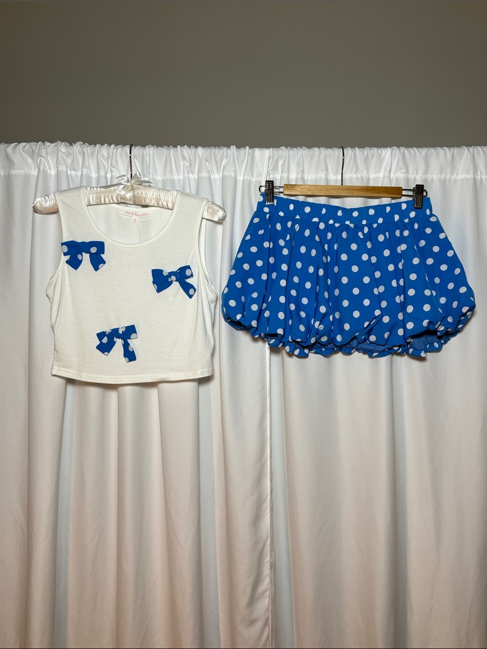 Hot & Delicious White Tank Top with Blue Polka Dot Bow Skort Set